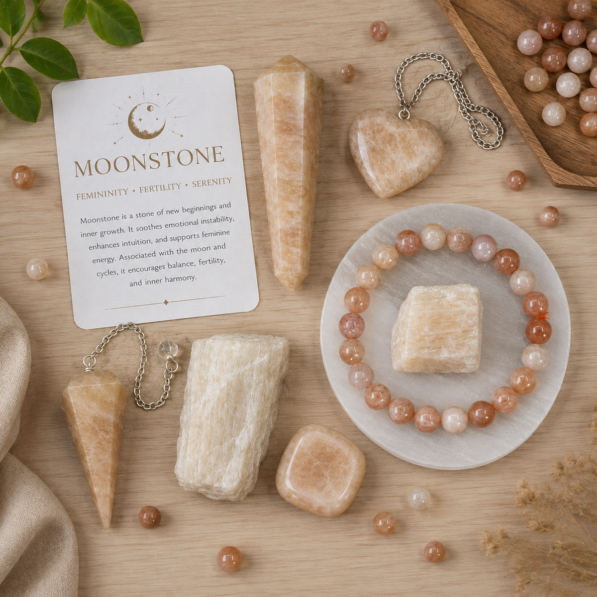 Moonstone Crystal Gift Set For Emotional Support and Protection, Real Polished Gemstones. | Merkaba & Platonic Solids | Wiccan Center