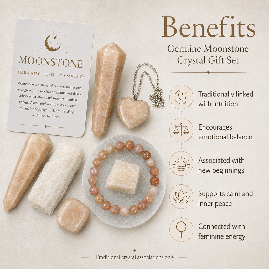 Moonstone Crystal Gift Set For Emotional Support and Protection, Real Polished Gemstones. | Merkaba & Platonic Solids | Wiccan Center