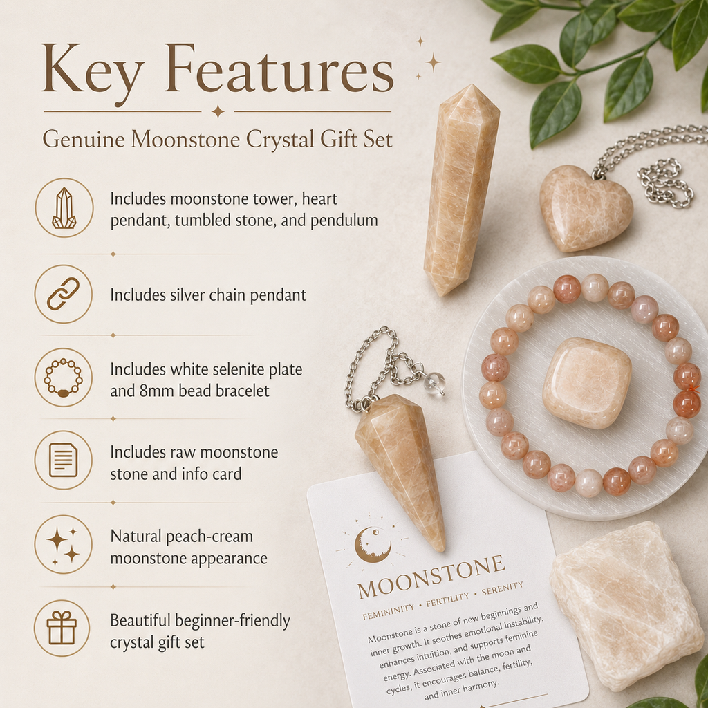 Moonstone Crystal Gift Set For Emotional Support and Protection, Real Polished Gemstones. | Merkaba & Platonic Solids | Wiccan Center