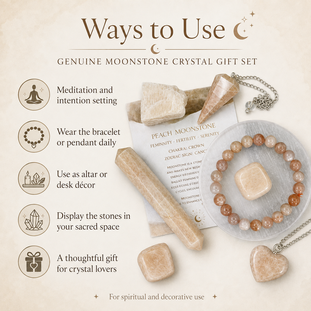 Moonstone Crystal Gift Set For Emotional Support and Protection, Real Polished Gemstones. | Merkaba & Platonic Solids | Wiccan Center