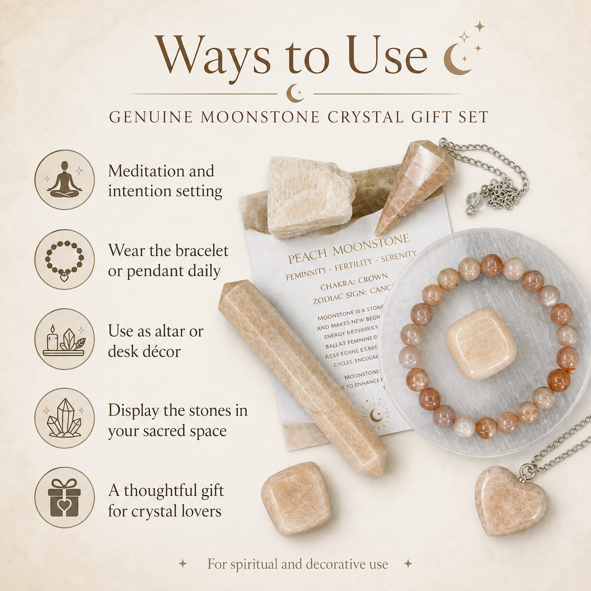 Moonstone Crystal Gift Set For Emotional Support and Protection, Real Polished Gemstones. | Merkaba & Platonic Solids | Wiccan Center