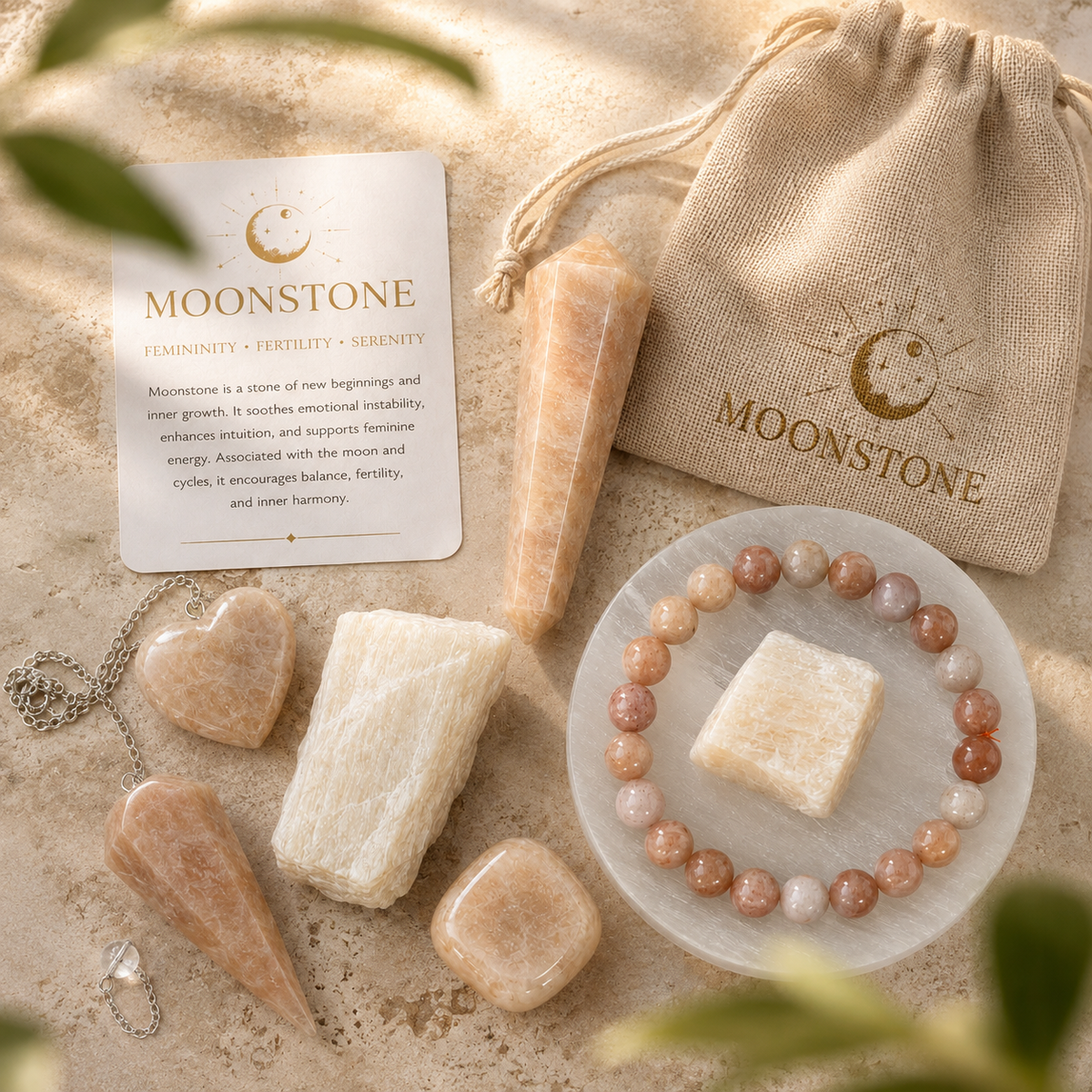 Moonstone Crystal Gift Set For Emotional Support and Protection, Real Polished Gemstones. | Merkaba & Platonic Solids | Wiccan Center