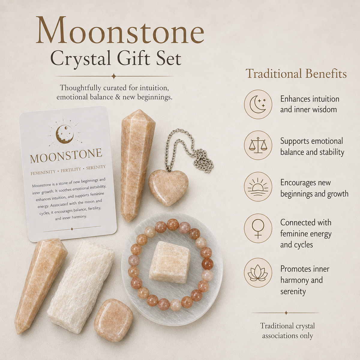 Moonstone Crystal Gift Set For Emotional Support and Protection, Real Polished Gemstones. | Merkaba & Platonic Solids | Wiccan Center