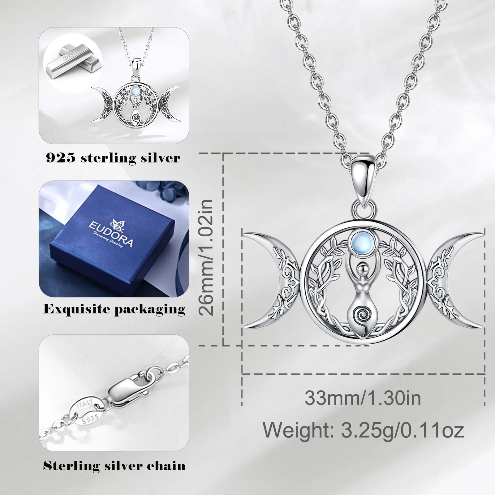 Moonstone Triple Moon Goddess Sterling Silver Necklace | 925 sterling silver | Wiccan Center