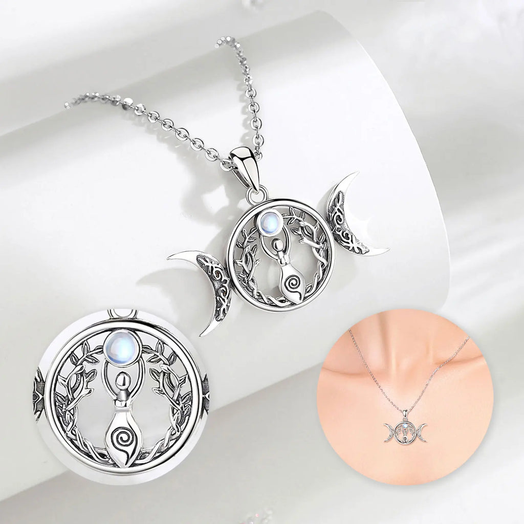 Moonstone Triple Moon Goddess Sterling Silver Necklace | 925 sterling silver | Wiccan Center