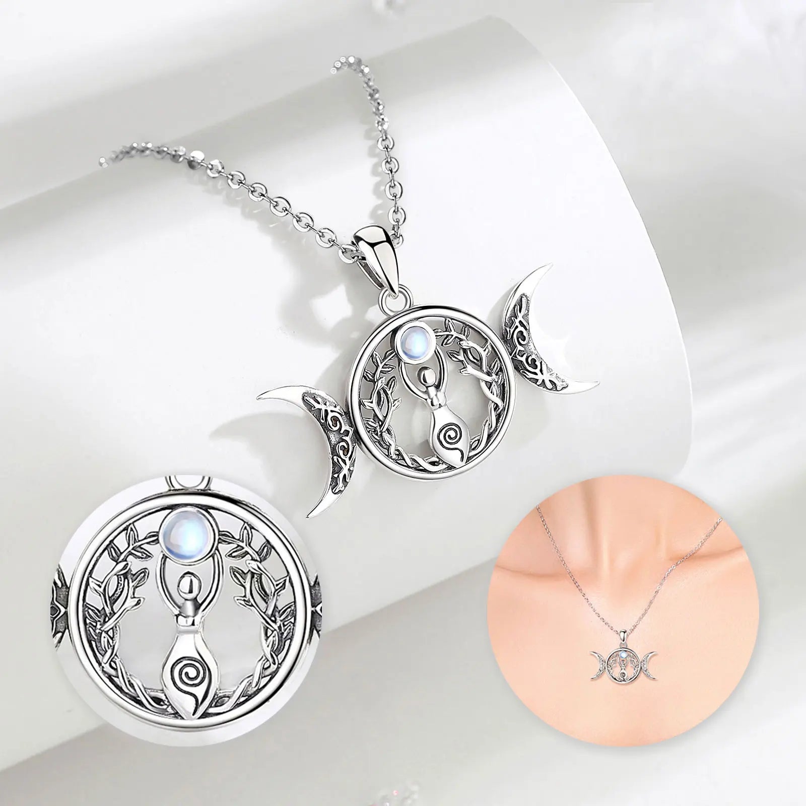 Moonstone Triple Moon Goddess Sterling Silver Necklace | 925 sterling silver | Wiccan Center