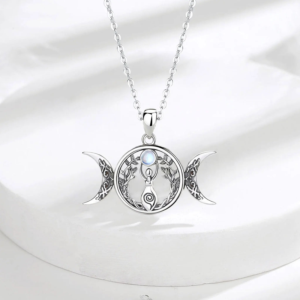 Moonstone Triple Moon Goddess Sterling Silver Necklace | 925 sterling silver | Wiccan Center