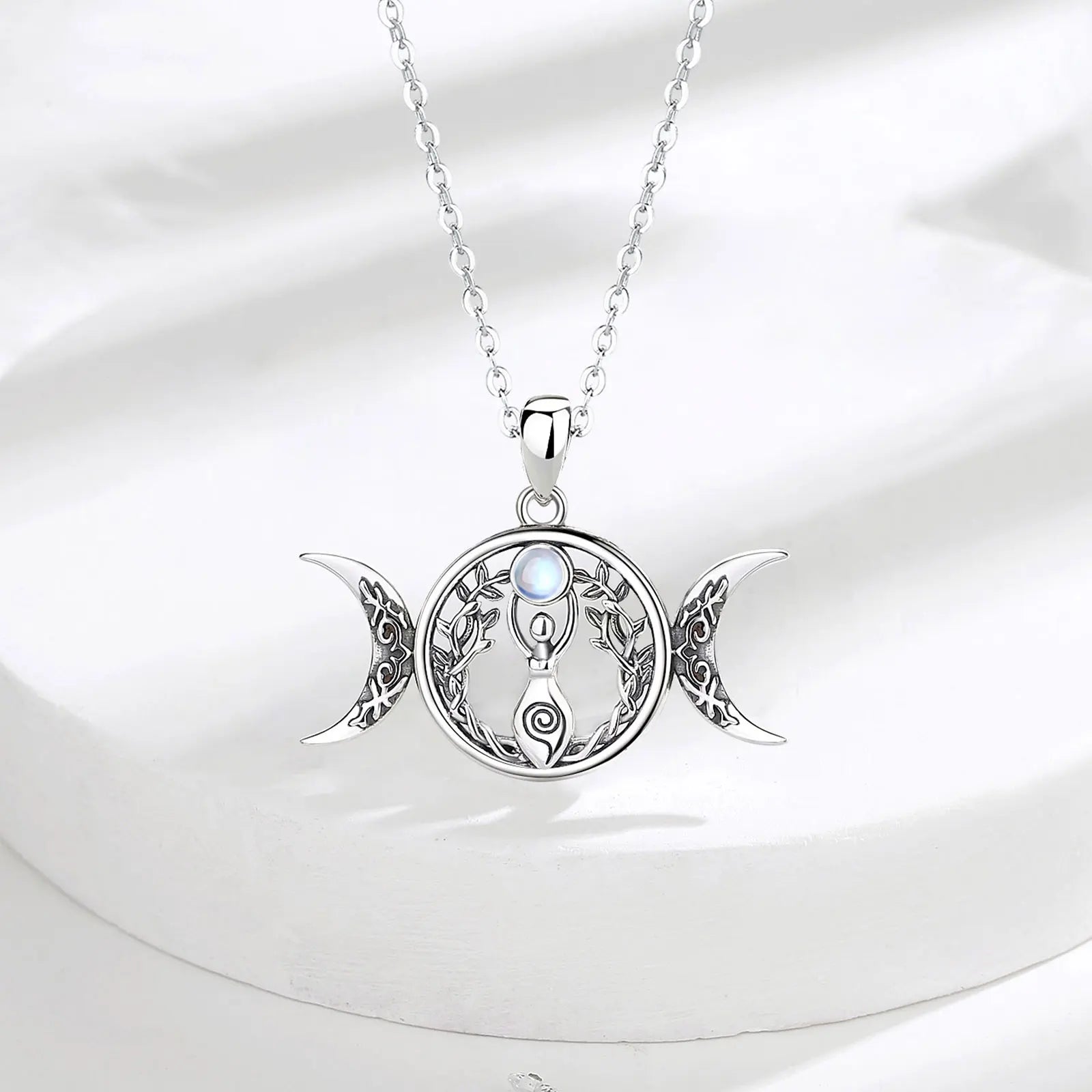 Moonstone Triple Moon Goddess Sterling Silver Necklace | 925 sterling silver | Wiccan Center
