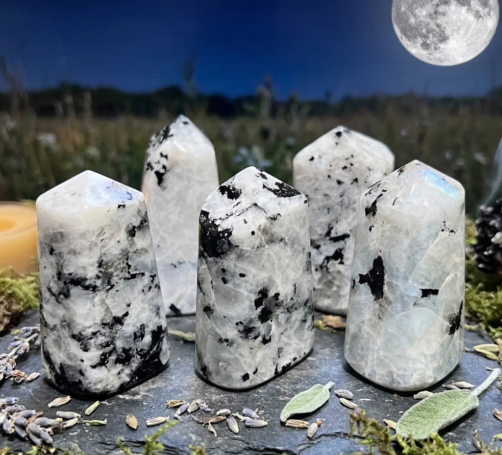 Rainbow Moonstone Point Tower Carving Gemstone Statue Home Decor Supply | Home & Living > Home Decor > Home Accents > Rocks & Geodes | Wiccan Center
