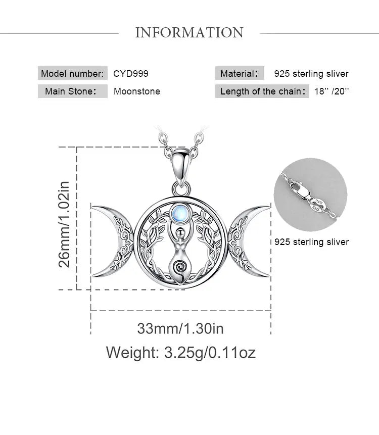 Moonstone Triple Moon Goddess Sterling Silver Necklace | 925 sterling silver | Wiccan Center