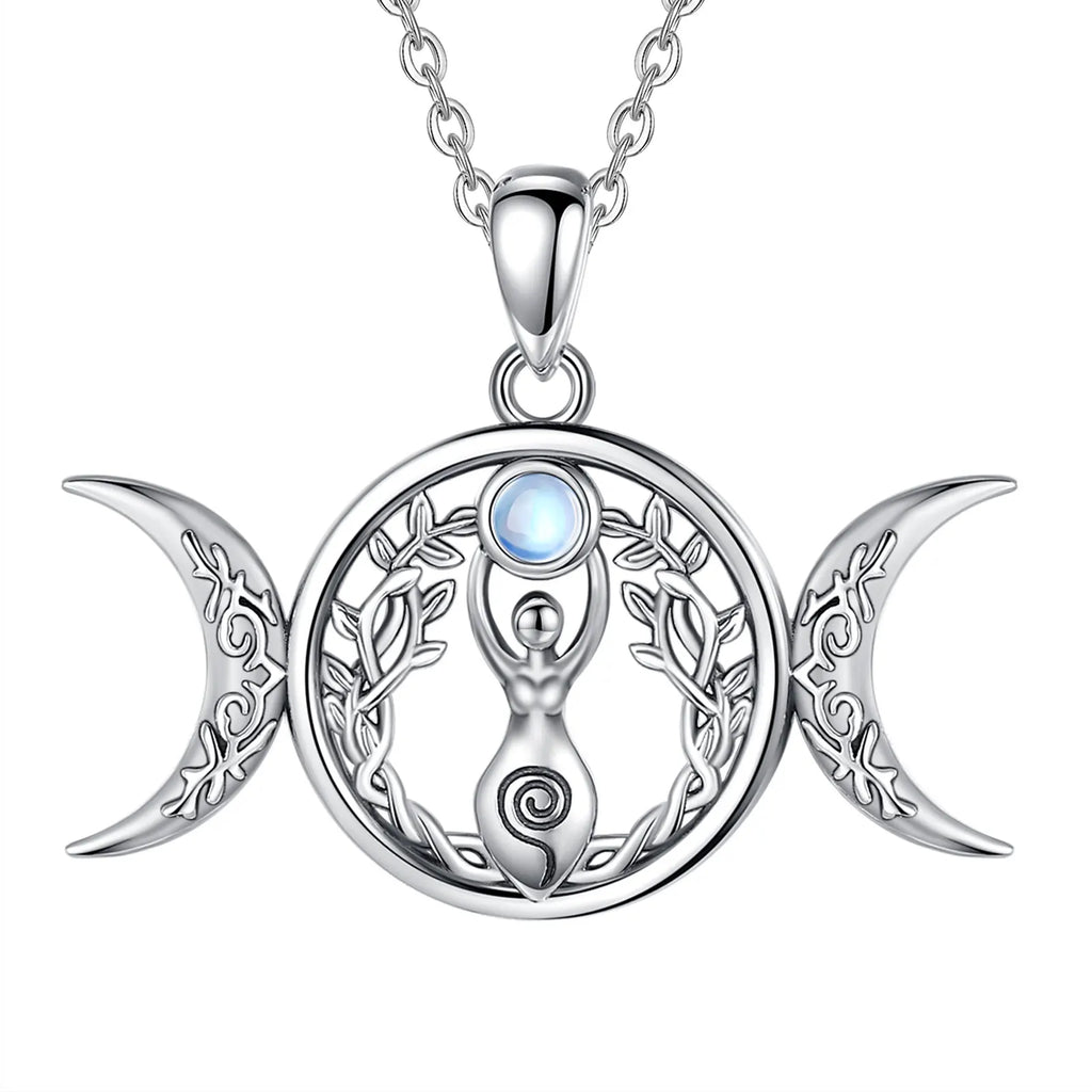 Moonstone Triple Moon Goddess Sterling Silver Necklace | 925 sterling silver | Wiccan Center