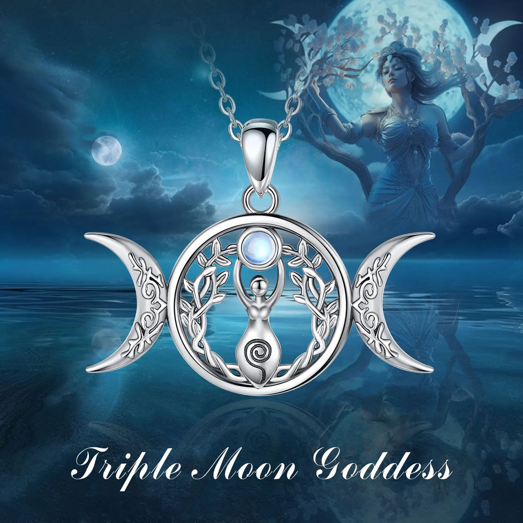 Moonstone Triple Moon Goddess Sterling Silver Necklace | 925 sterling silver | Wiccan Center