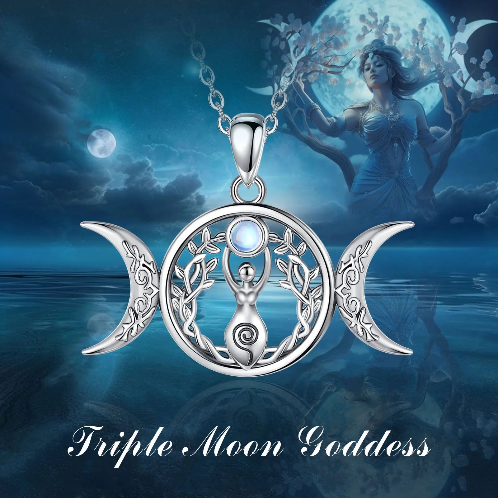 Moonstone Triple Moon Goddess Sterling Silver Necklace | 925 sterling silver | Wiccan Center