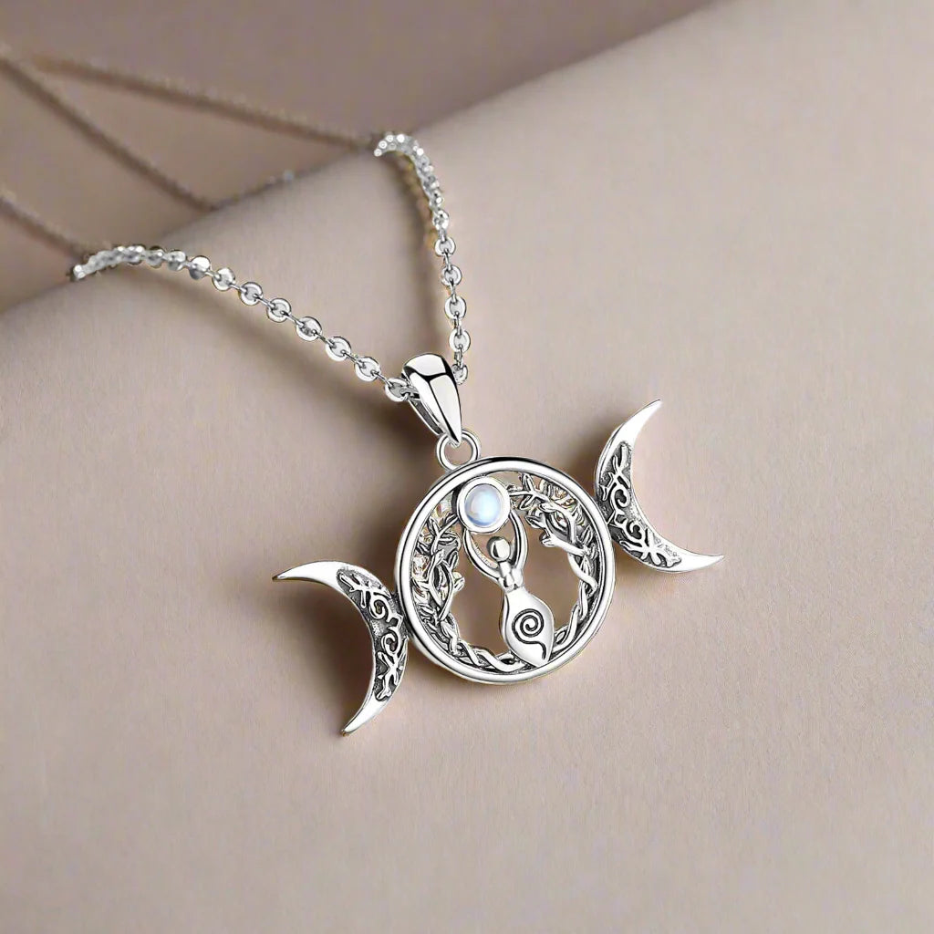 Moonstone Triple Moon Goddess Sterling Silver Necklace | 925 sterling silver | Wiccan Center