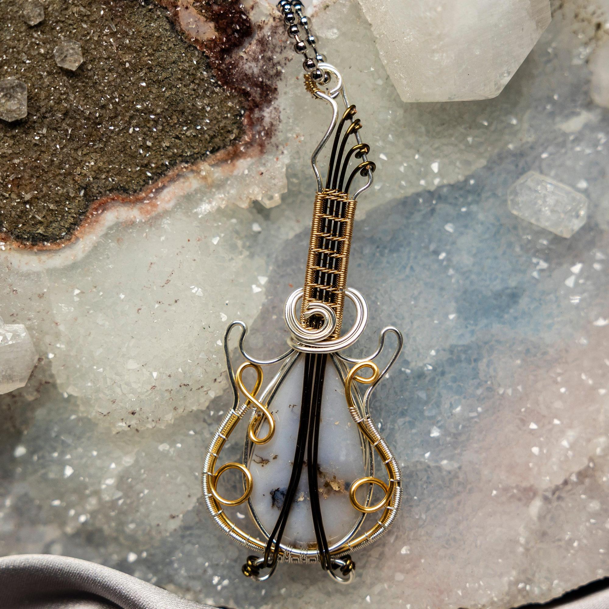 Moss Agate Guitar Wire Wrap Pendant 3.5 Inch