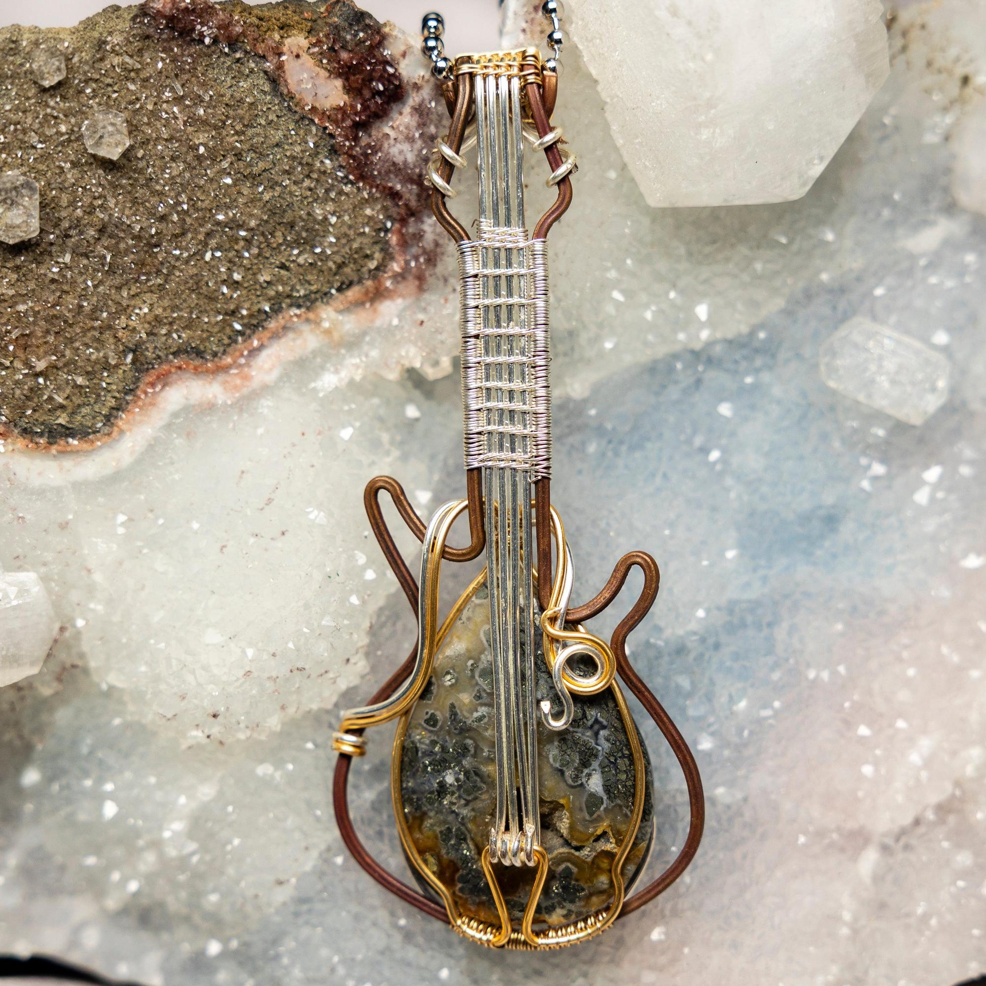 Moss Agate Guitar Wire Wrap Pendant 3.6 Inch