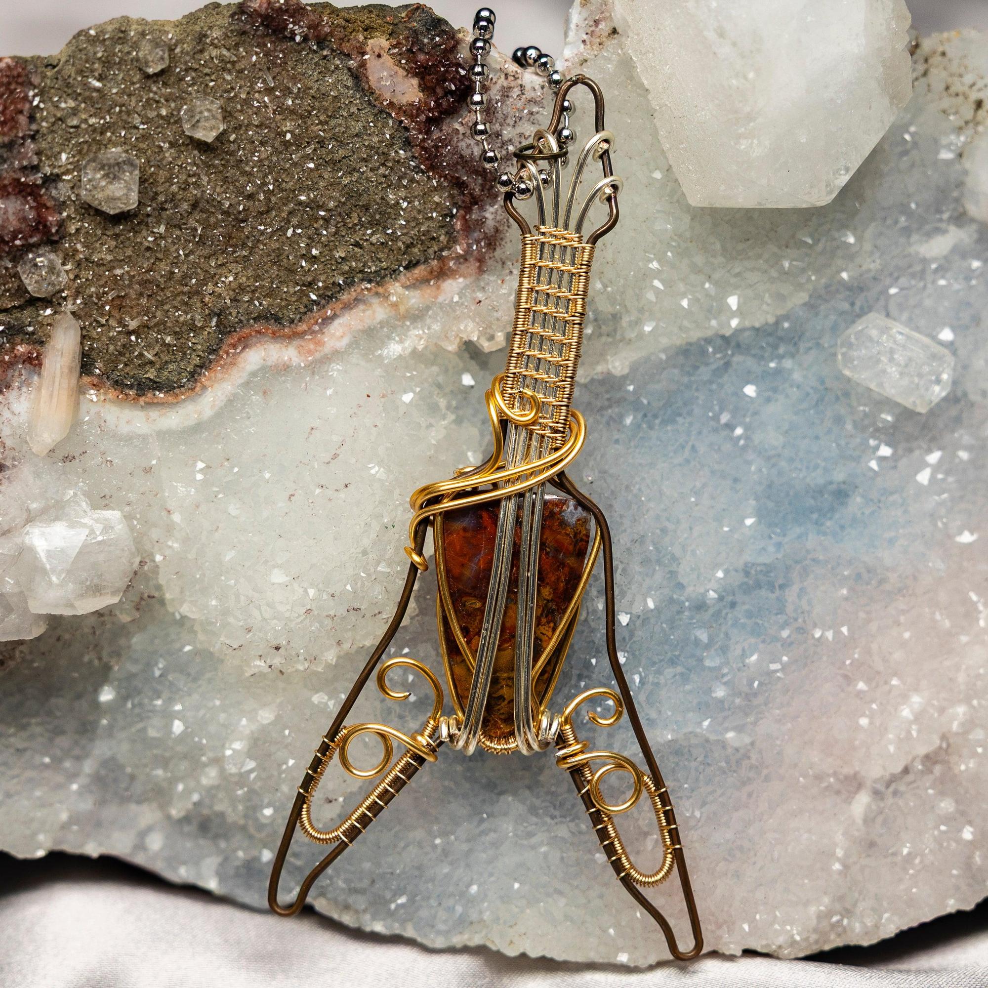 Moss Agate Guitar Wire Wrap Pendant 4 Inch