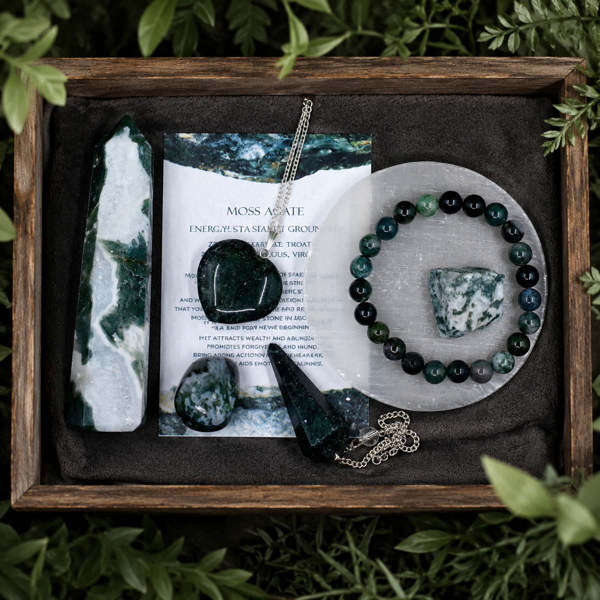 Moss Agate Crystal Gift Set For Emotional Support and Protection, Real Polished Gemstones. | Merkaba & Platonic Solids | Wiccan Center