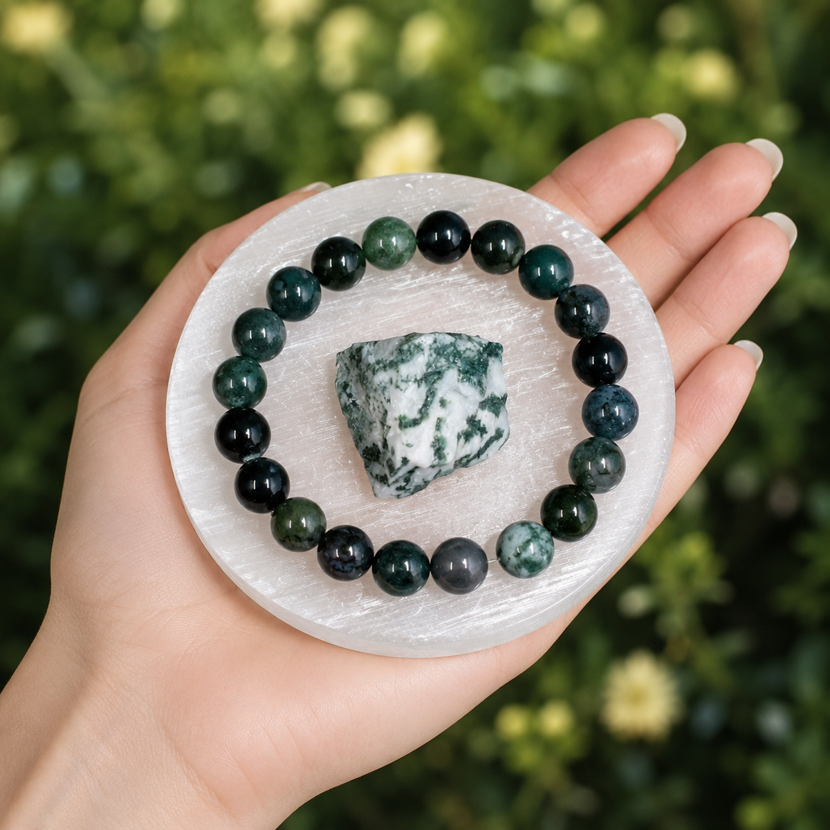 Moss Agate Crystal Gift Set For Emotional Support and Protection, Real Polished Gemstones. | Merkaba & Platonic Solids | Wiccan Center