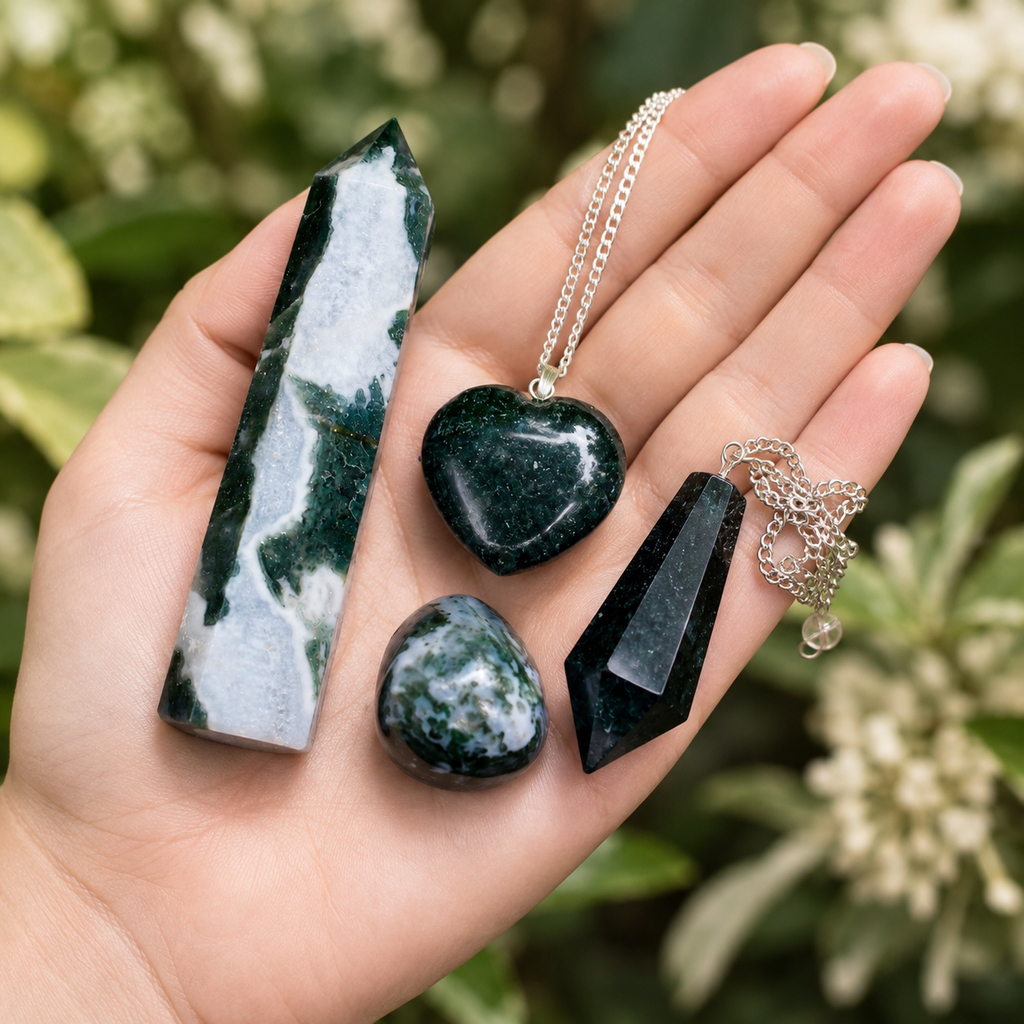 Moss Agate Crystal Gift Set For Emotional Support and Protection, Real Polished Gemstones. | Merkaba & Platonic Solids | Wiccan Center