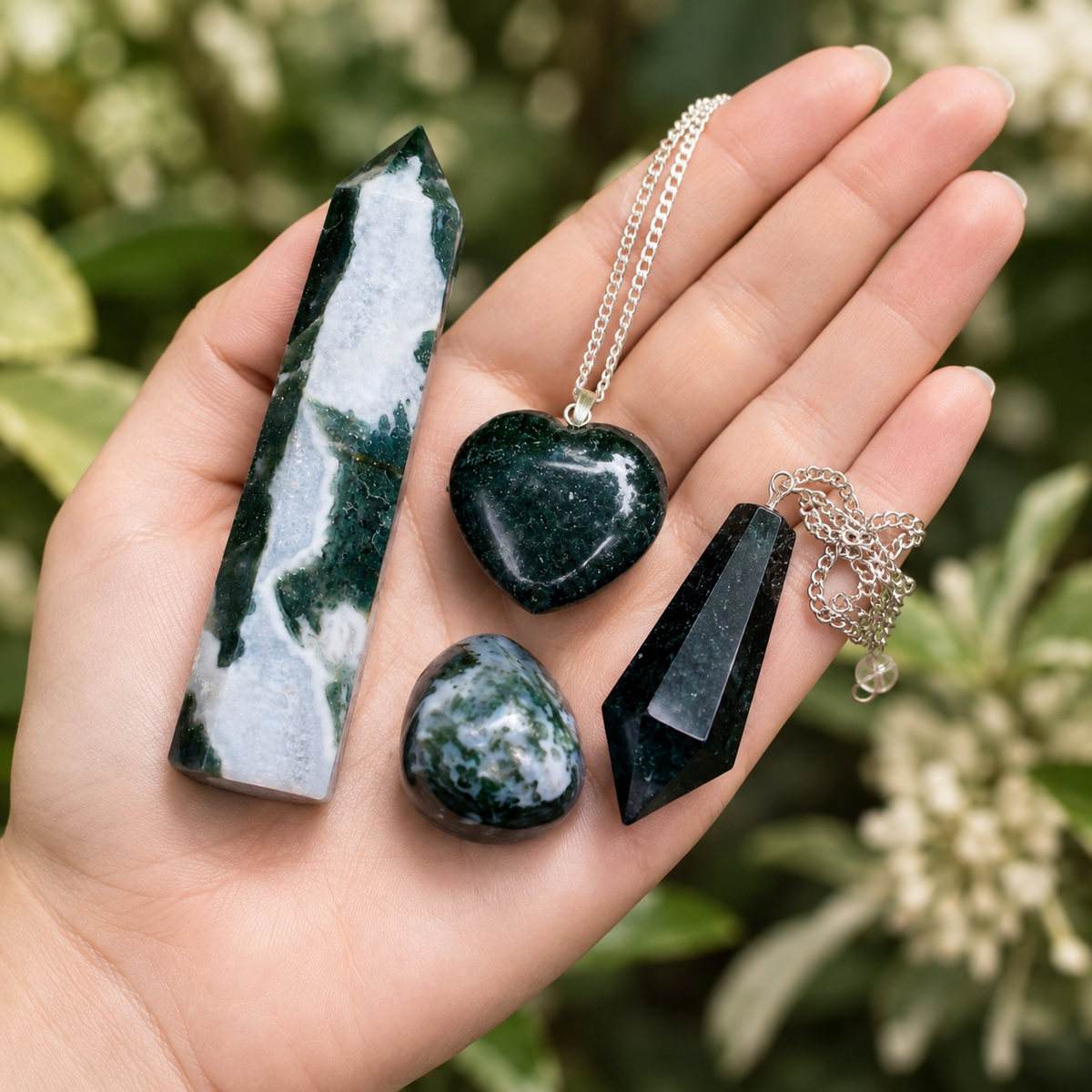 Moss Agate Crystal Gift Set For Emotional Support and Protection, Real Polished Gemstones. | Merkaba & Platonic Solids | Wiccan Center