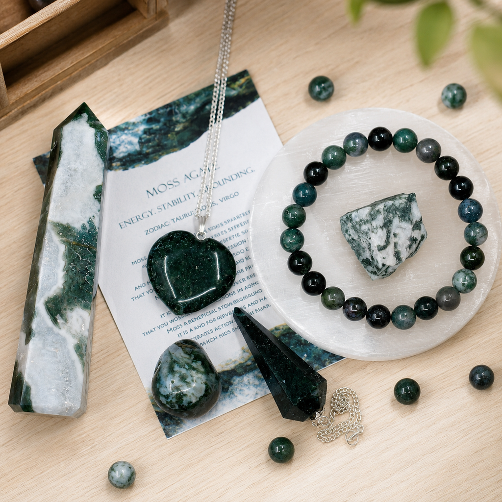 Moss Agate Crystal Gift Set For Emotional Support and Protection, Real Polished Gemstones. | Merkaba & Platonic Solids | Wiccan Center