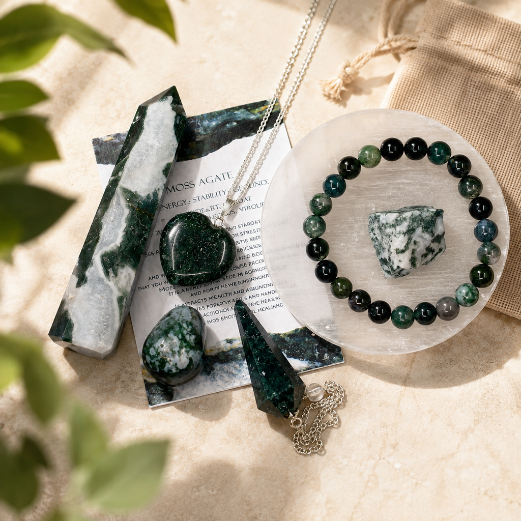Moss Agate Crystal Gift Set For Emotional Support and Protection, Real Polished Gemstones. | Merkaba & Platonic Solids | Wiccan Center