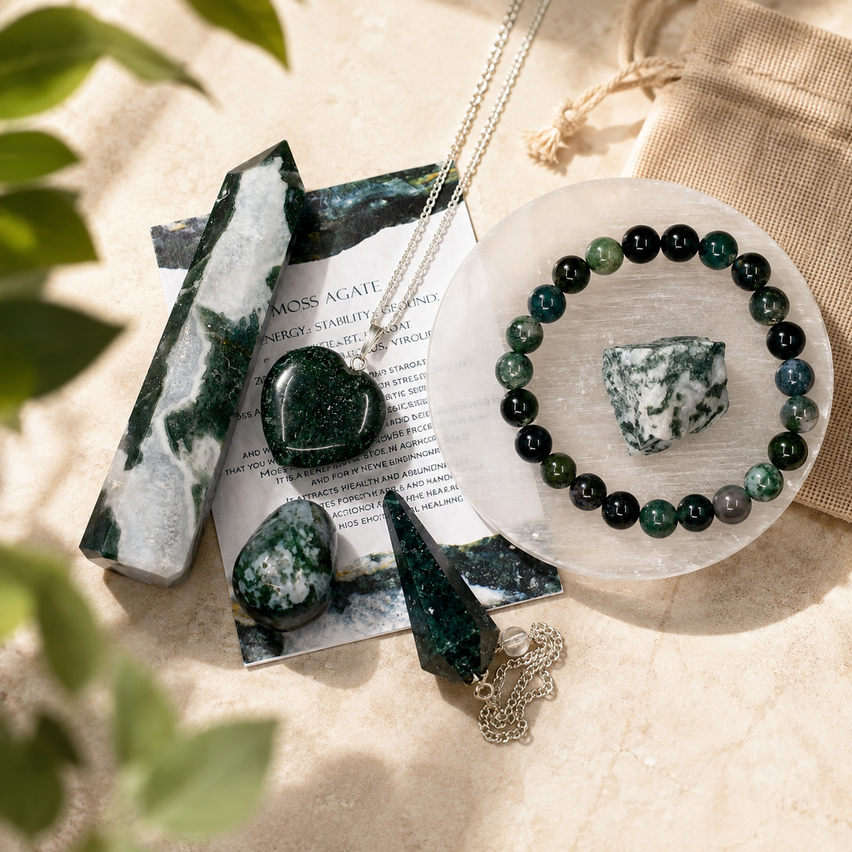Moss Agate Crystal Gift Set For Emotional Support and Protection, Real Polished Gemstones. | Merkaba & Platonic Solids | Wiccan Center