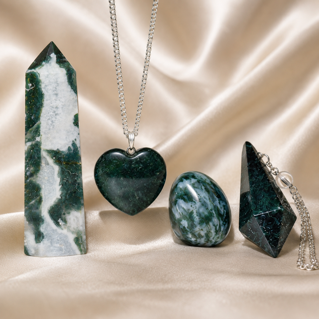Moss Agate Crystal Gift Set For Emotional Support and Protection, Real Polished Gemstones. | Merkaba & Platonic Solids | Wiccan Center