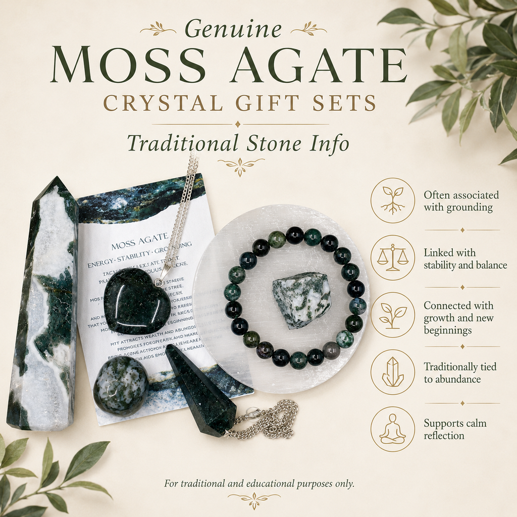 Moss Agate Crystal Gift Set For Emotional Support and Protection, Real Polished Gemstones. | Merkaba & Platonic Solids | Wiccan Center