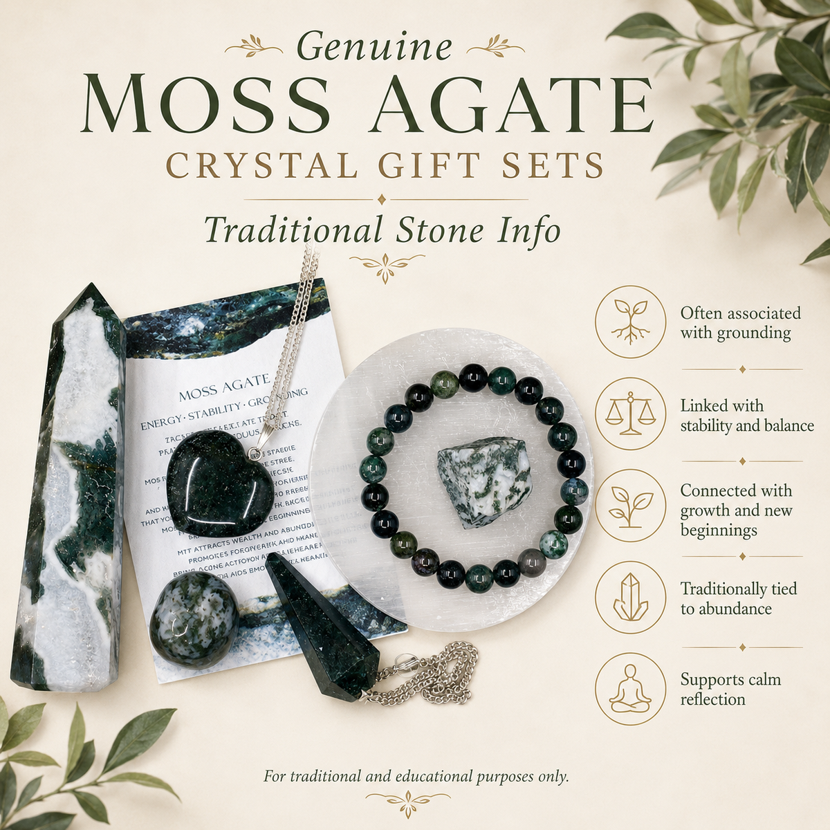 Moss Agate Crystal Gift Set For Emotional Support and Protection, Real Polished Gemstones. | Merkaba & Platonic Solids | Wiccan Center