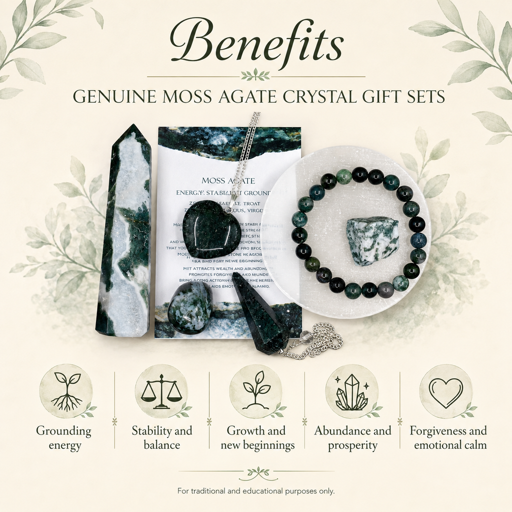 Moss Agate Crystal Gift Set For Emotional Support and Protection, Real Polished Gemstones. | Merkaba & Platonic Solids | Wiccan Center