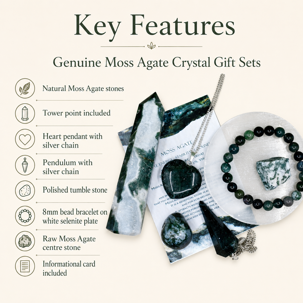 Moss Agate Crystal Gift Set For Emotional Support and Protection, Real Polished Gemstones. | Merkaba & Platonic Solids | Wiccan Center