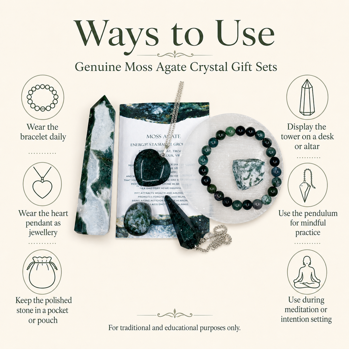 Moss Agate Crystal Gift Set For Emotional Support and Protection, Real Polished Gemstones. | Merkaba & Platonic Solids | Wiccan Center
