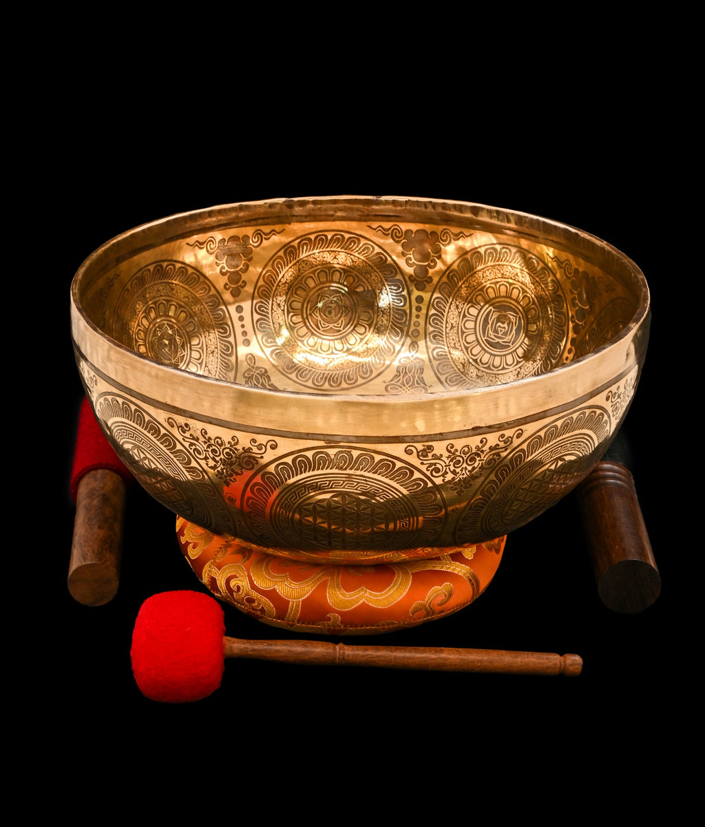 New Etched Jambati Cosmos Jambati Singing Bowl F#2 93Hz 11" N16190 | Tibetan Singing Bowl | Wiccan Center