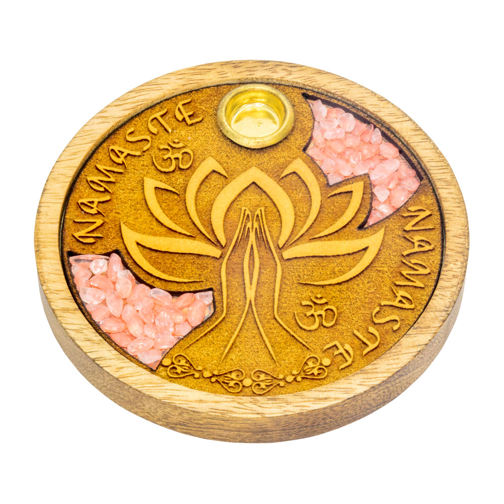 Laser Etched Wood Round Incense Holder - Namaste w/ Rose Quartz Inlay | Incense Burner | Wiccan Center