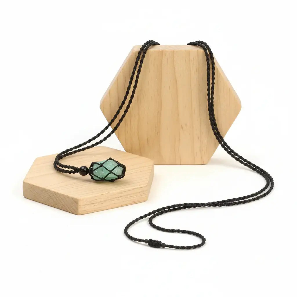 Natural Gemstone Crystal Necklace – Handwoven Stone Holder Adjustable Cord Pendant for Women & Men