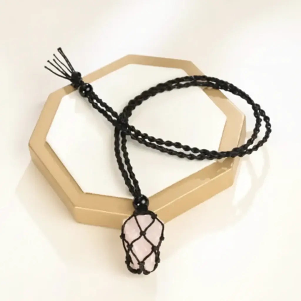 Natural Gemstone Crystal Necklace – Handwoven Stone Holder Adjustable Cord Pendant for Women & Men