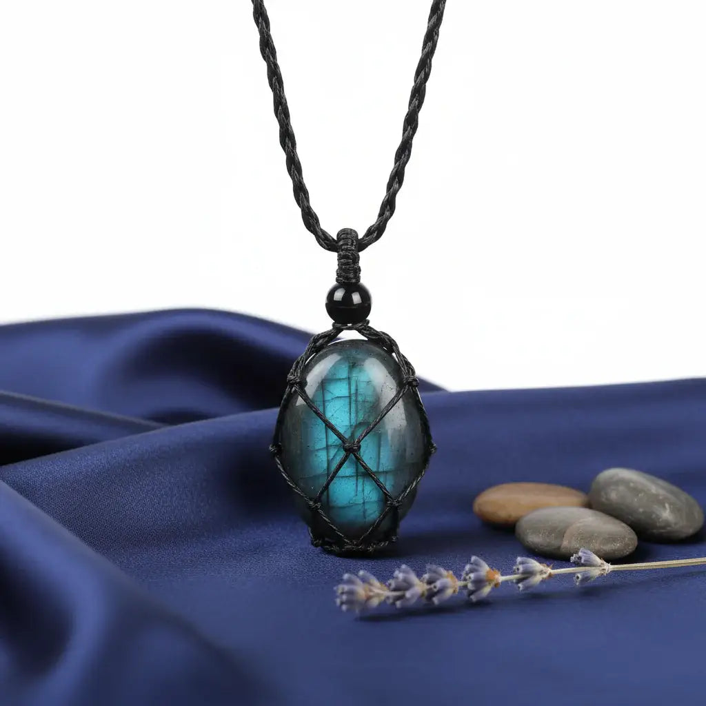 Natural Gemstone Crystal Necklace – Handwoven Stone Holder Adjustable Cord Pendant for Women & Men