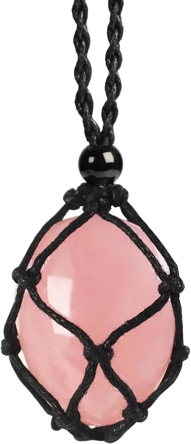 Natural Gemstone Crystal Necklace – Handwoven Stone Holder Adjustable Cord Pendant for Women & Men