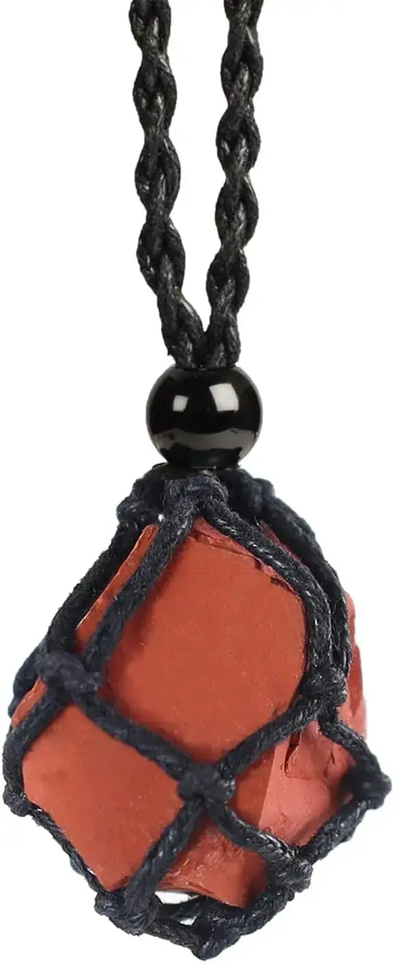 Natural Gemstone Crystal Necklace – Handwoven Stone Holder Adjustable Cord Pendant for Women & Men
