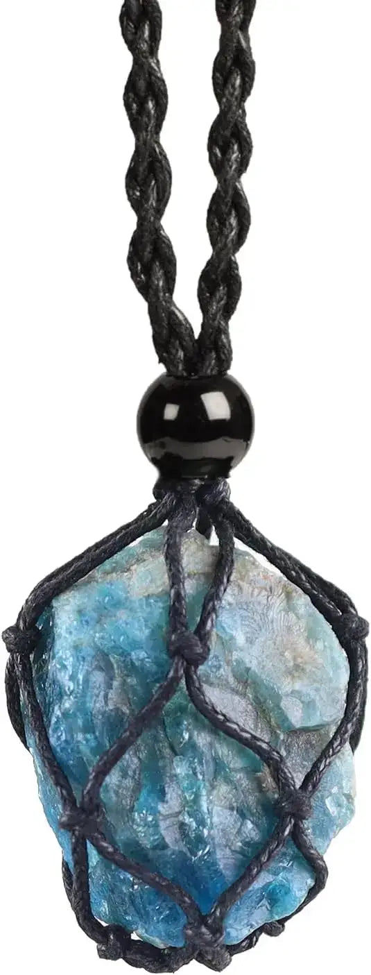 Natural Gemstone Crystal Necklace – Handwoven Stone Holder Adjustable Cord Pendant for Women & Men