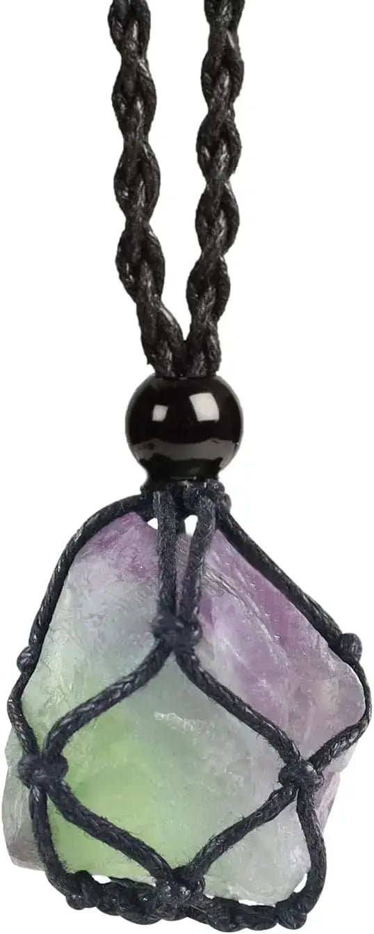Natural Gemstone Crystal Necklace – Handwoven Stone Holder Adjustable Cord Pendant for Women & Men