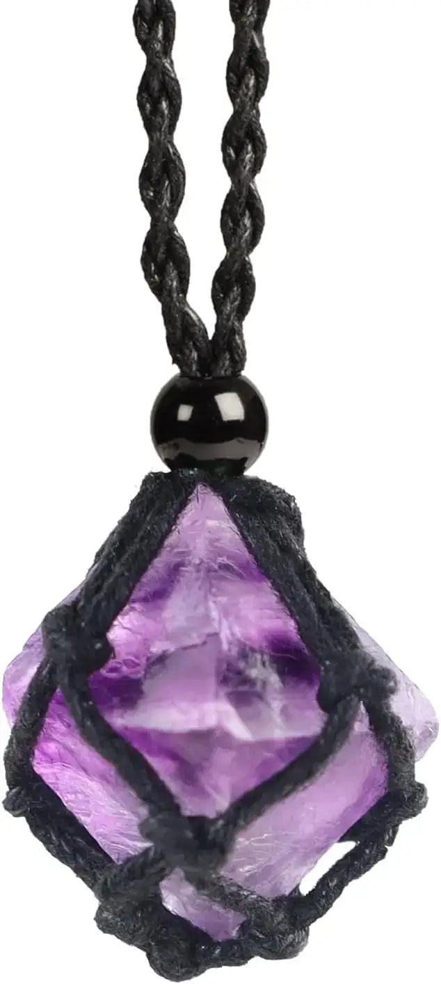 Natural Gemstone Crystal Necklace – Handwoven Stone Holder Adjustable Cord Pendant for Women & Men