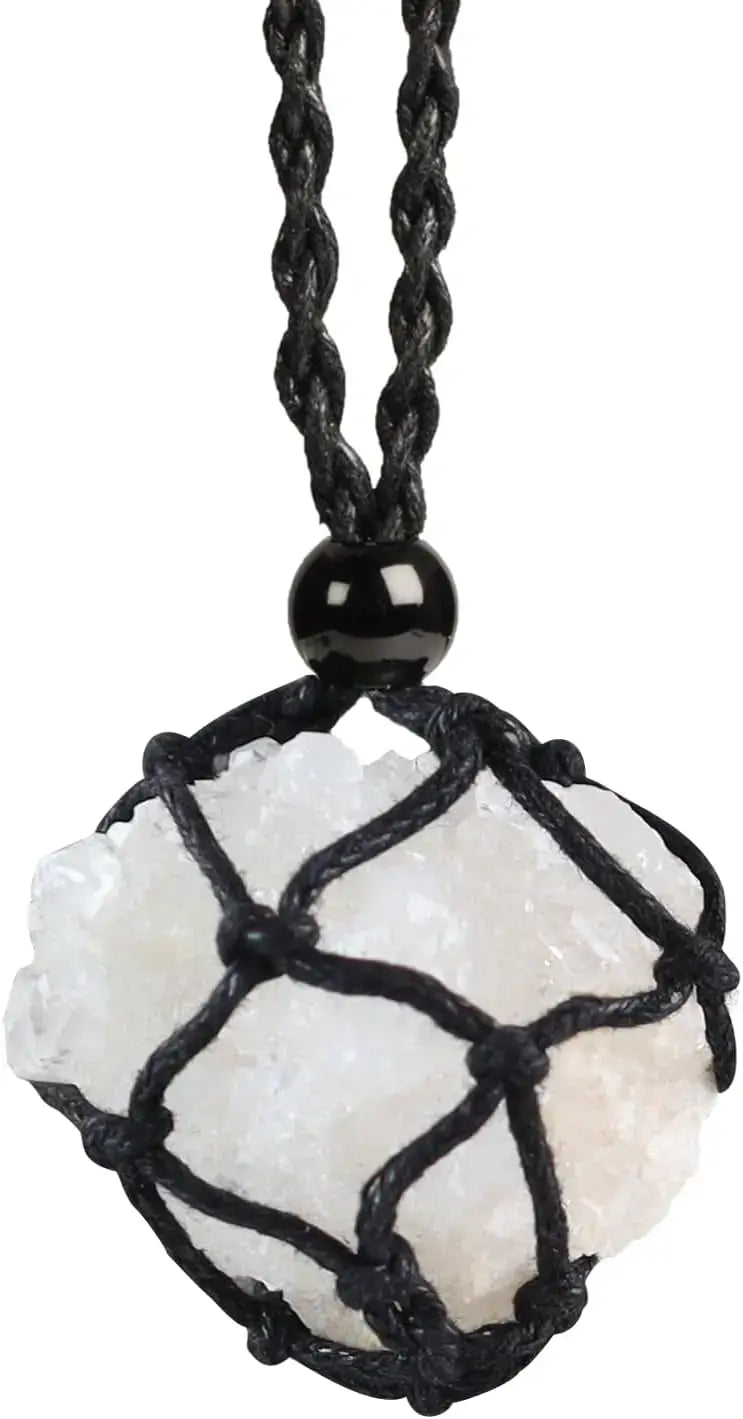 Natural Gemstone Crystal Necklace – Handwoven Stone Holder Adjustable Cord Pendant for Women & Men