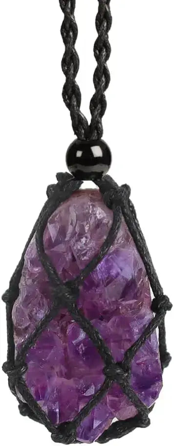 Natural Gemstone Crystal Necklace – Handwoven Stone Holder Adjustable Cord Pendant for Women & Men