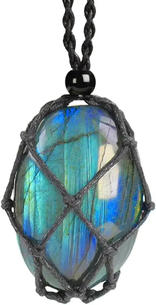 Natural Gemstone Crystal Necklace – Handwoven Stone Holder Adjustable Cord Pendant for Women & Men