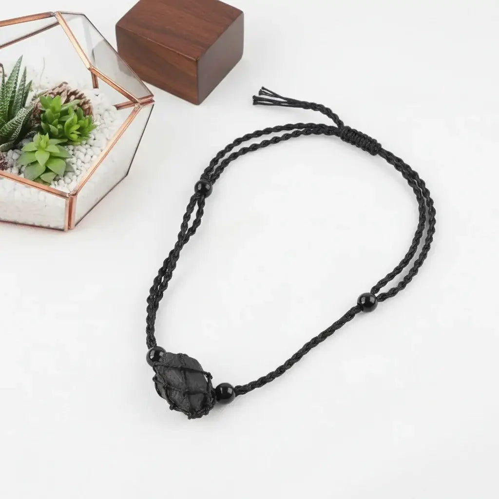 Natural Gemstone Crystal Necklace – Handwoven Stone Holder Adjustable Cord Pendant for Women & Men