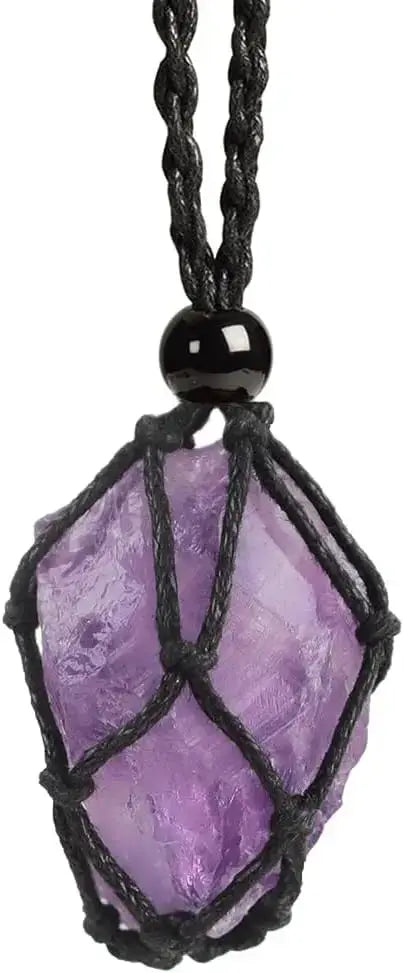Natural Gemstone Crystal Necklace – Handwoven Stone Holder Adjustable Cord Pendant for Women & Men