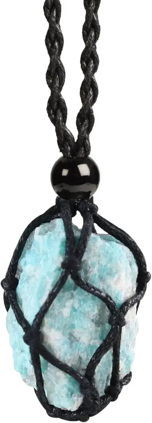 Natural Gemstone Crystal Necklace – Handwoven Stone Holder Adjustable Cord Pendant for Women & Men